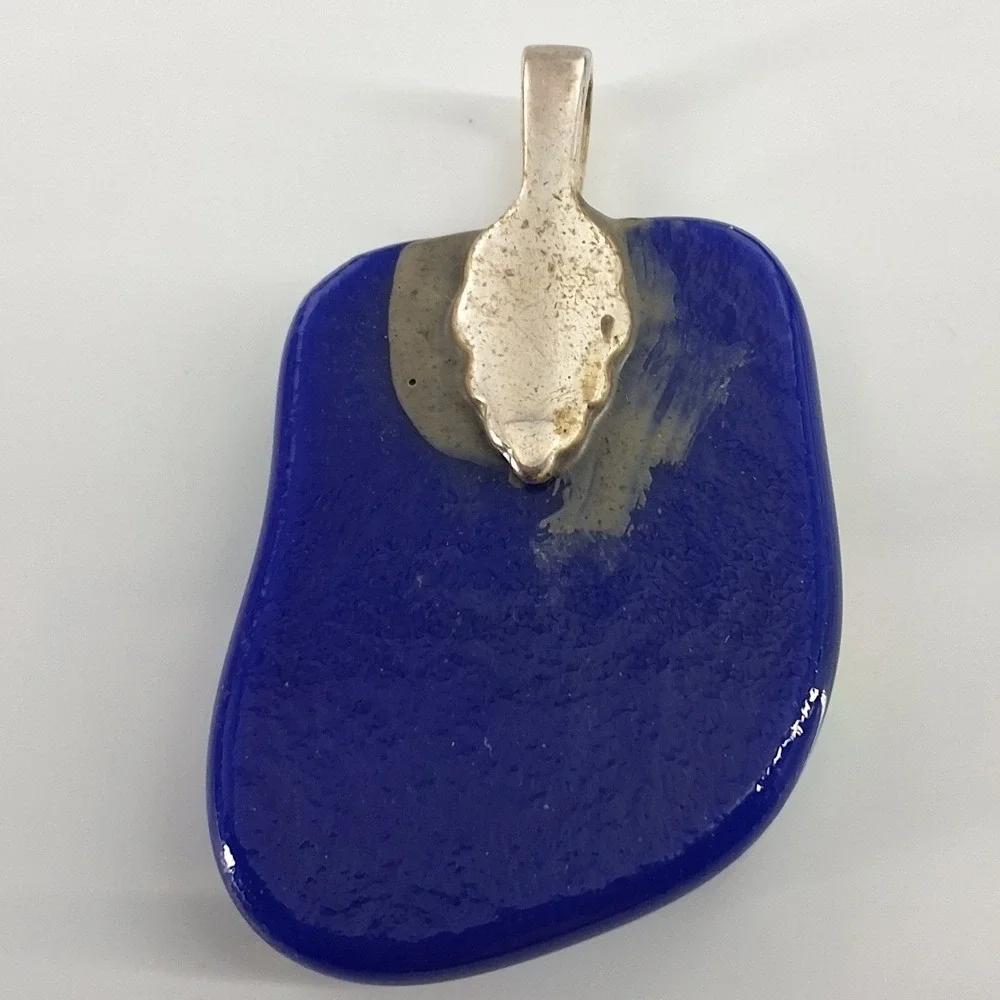 Artisan Dichroic Fused Glass Pendant Iridescent‎ Cobalt Blue Geometric Jewelry